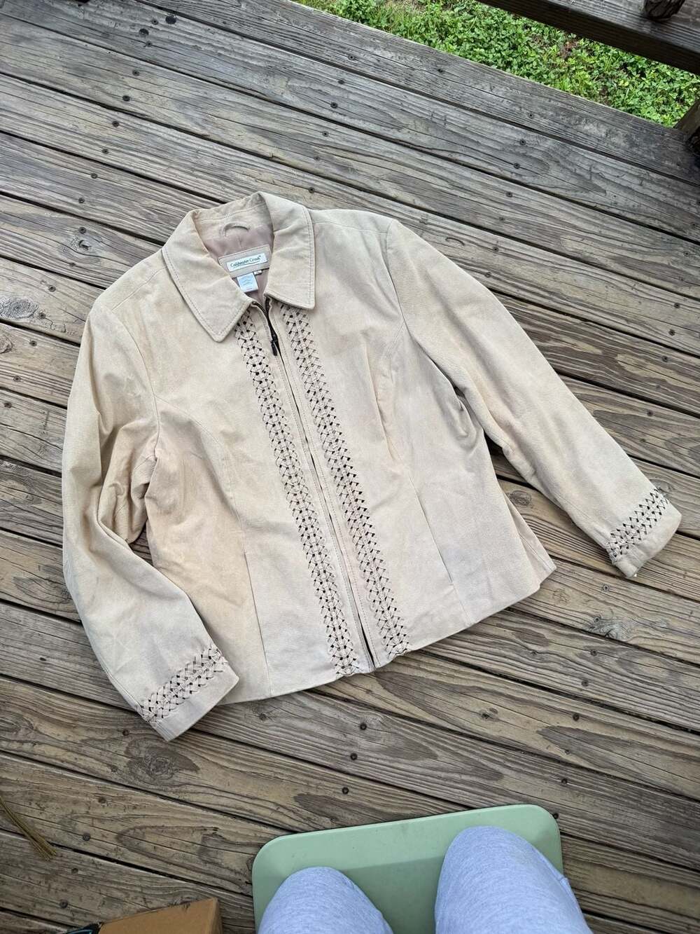 Coldwater Creek Women's XL Beige Suede Leather Woven Detail Zip Jacket
